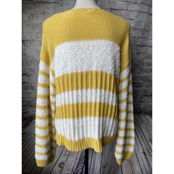 Hem & Thread‎ Womens Sweater Musatrd Yellow Ivory Color Block Cotton Blend L - Picture 4 of 5